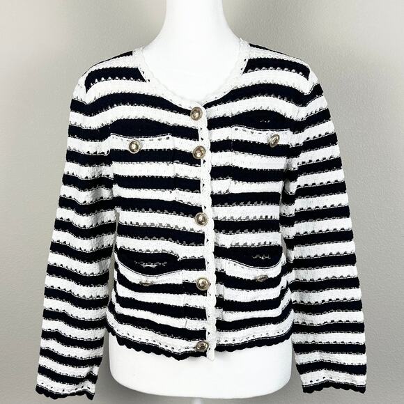Maje Striped Crochet-Effect Cardigan Navy Ecru - Picture 8 of 16